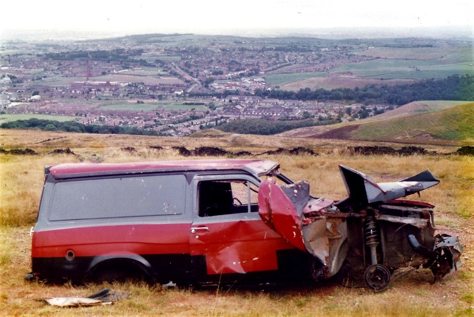 Wrecked van on the hills above Crawshawbooth, early 1980s