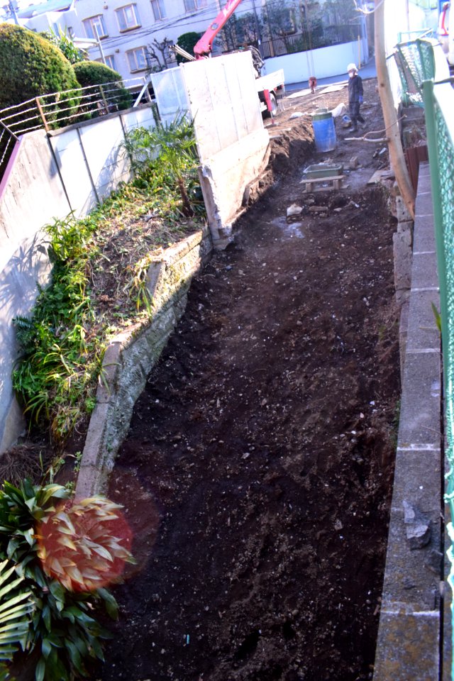 Works on what might have been staircases leading to the now-unaccessible Gama Ike pond?