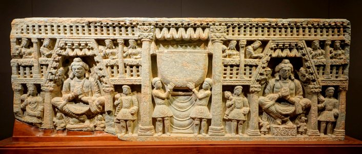 Worshipping of the bowl and cross-legged bodhisattvas, Afghanistan, 200s-300s AD, schist - Tokyo National Museum - Tokyo, Japan - DSC08679