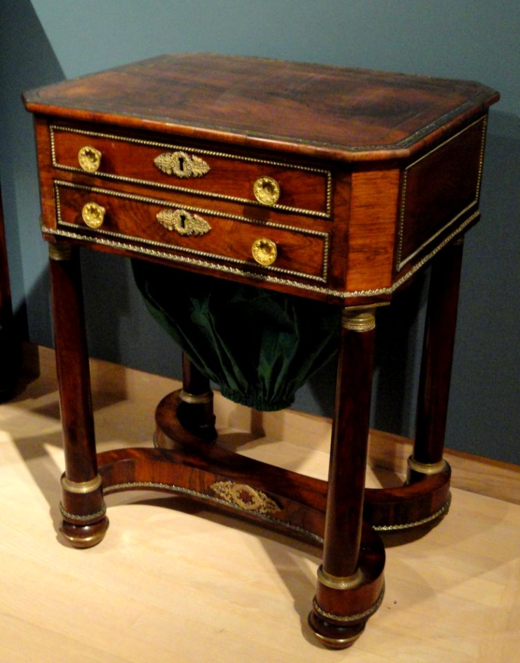 Worktable owned by George Ticknor, unknown Boston craftsmen, c. 1820, rosewood veneer, mahogany, ebony, chestnut, gilt brass, reproduction work bag - Hood Museum of Art - DSC09206
