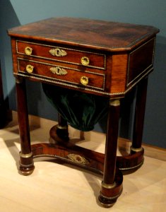 Worktable owned by George Ticknor, unknown Boston craftsmen, c. 1820, rosewood veneer, mahogany, ebony, chestnut, gilt brass, reproduction work bag - Hood Museum of Art - DSC09206