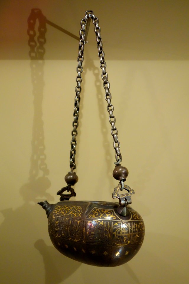 Begging bowl in the form of a coco-de-mer fruit, Iran, 19th century AD, steel damascened with silver and gilt - Huntington Museum of Art - DSC05069