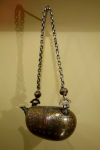 Begging bowl in the form of a coco-de-mer fruit, Iran, 19th century AD, steel damascened with silver and gilt - Huntington Museum of Art - DSC05069