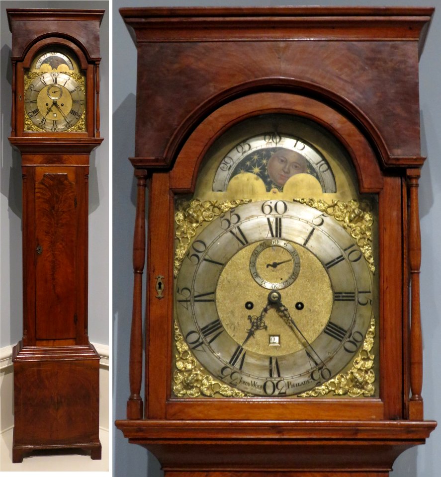American tall clock made by John Wood, Jr., c. 1760-93, wood, walnut veneer and brass, Dayton Art Institute