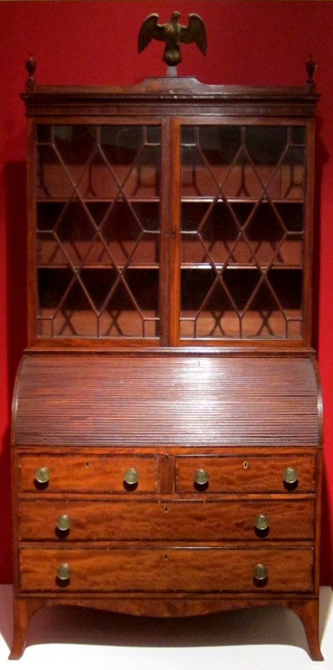 American tambour secretary-front desk and bookcase, c. 1790, Salem, mahogany and mahogany veneer with inlays, HAA