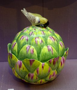 Artichoke tureens and covers, 1 of 2, Chelsea porcelain, c. 1754-1755, soft-paste porcelain - California Palace of the Legion of Honor - San Francisco, CA - DSC02972