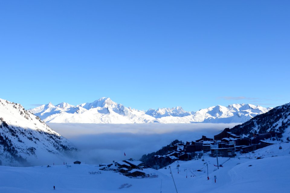 Arc 2000, cloud-filled Upper Tarentaise and Mont Blanc