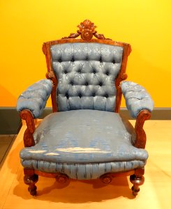 Armchair, T. Brooks & Company, Brooklyn, NY, 1872, walnut, modern upholstery - Brooklyn Museum - DSC09211