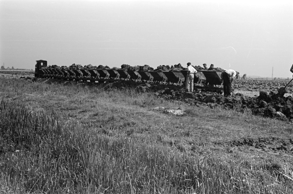 Arbeiders, werkzaamheden, kipkarren, egaliseren, Duivense Broek, Bestanddeelnr 170-0029