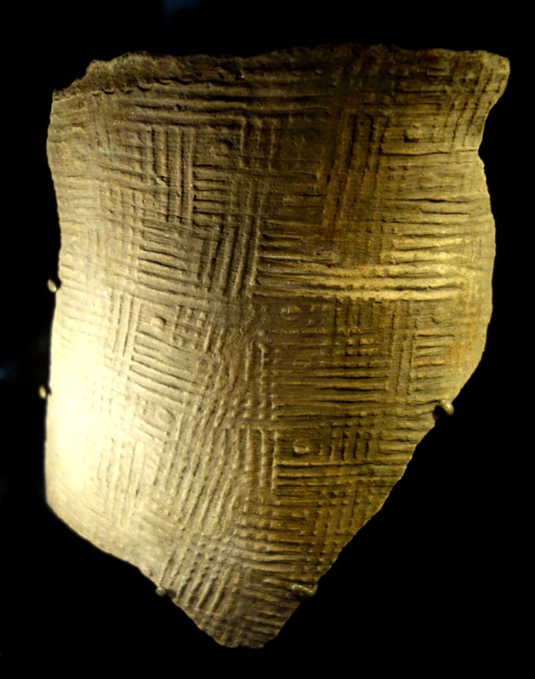 Altamaha line block complicated stamped sherd, Spanish Mission Period, AD 1580-1700, SCDG, surface - Fernbank Museum of Natural History - DSC00214