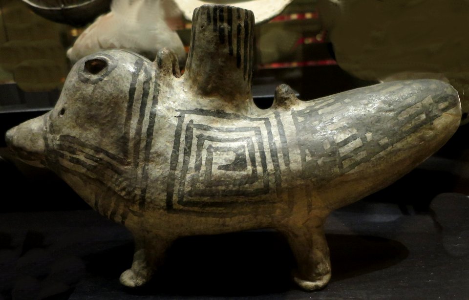 Ancestral Pueblo, Roosevelt black on white javelina effigy canteen, 1250-1300 CE, Heard Museum
