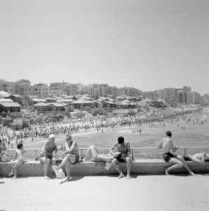 Badgasten zitten op de rand van een brug, op de achtergrond het strand, Bestanddeelnr 255-1950