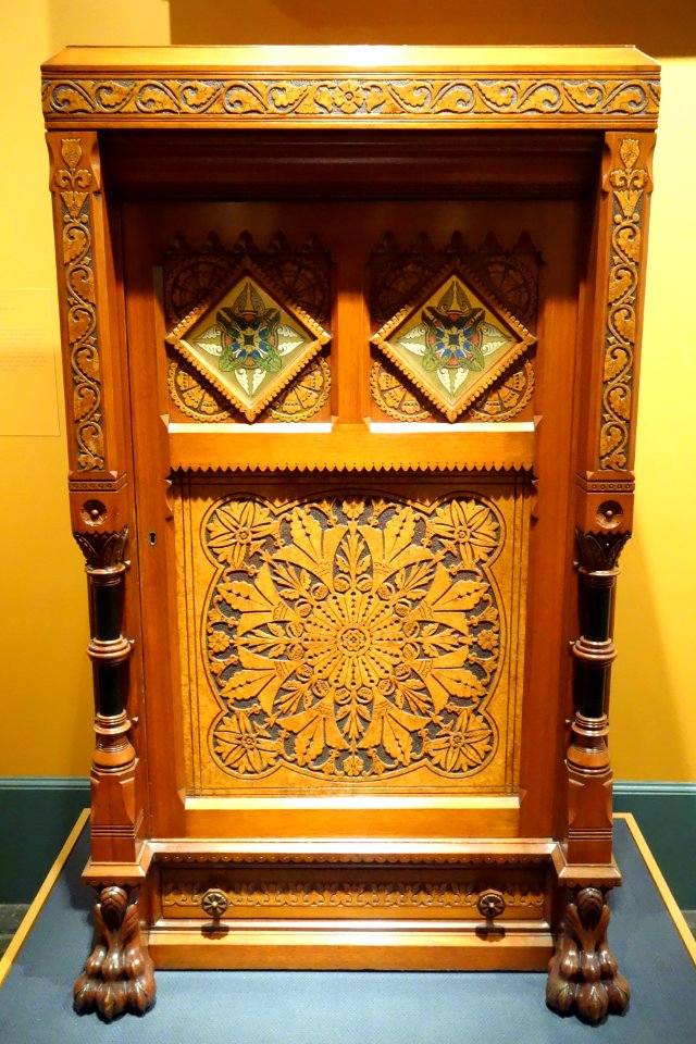 Cabinet, Daniel Pabst, Philadelphia, c. 1875, walnut, burl ash, pressed glass, painted gold foil - Brooklyn Museum - DSC09623