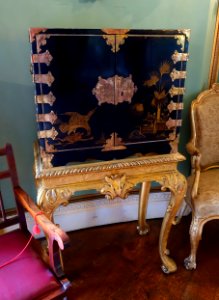 Cabinet 2of 2, Japan, black lacquer, c. 1690, on Chippendale gilt stand, 1720s Blue Drawing Room - Shugborough Hall - Staffordshire, England - DSC00338