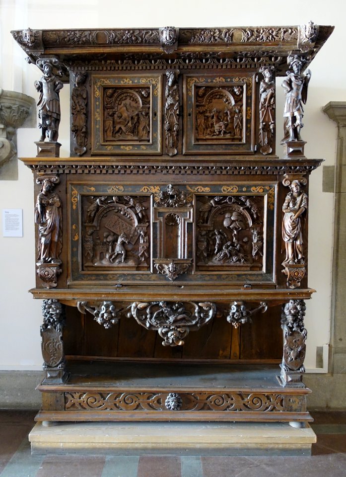 Cabinet for kitchen utensils with biblical reliefs, possibly Sweden in the mid 1600s - Nordiska museet - Stockholm, Sweden - DSC09902