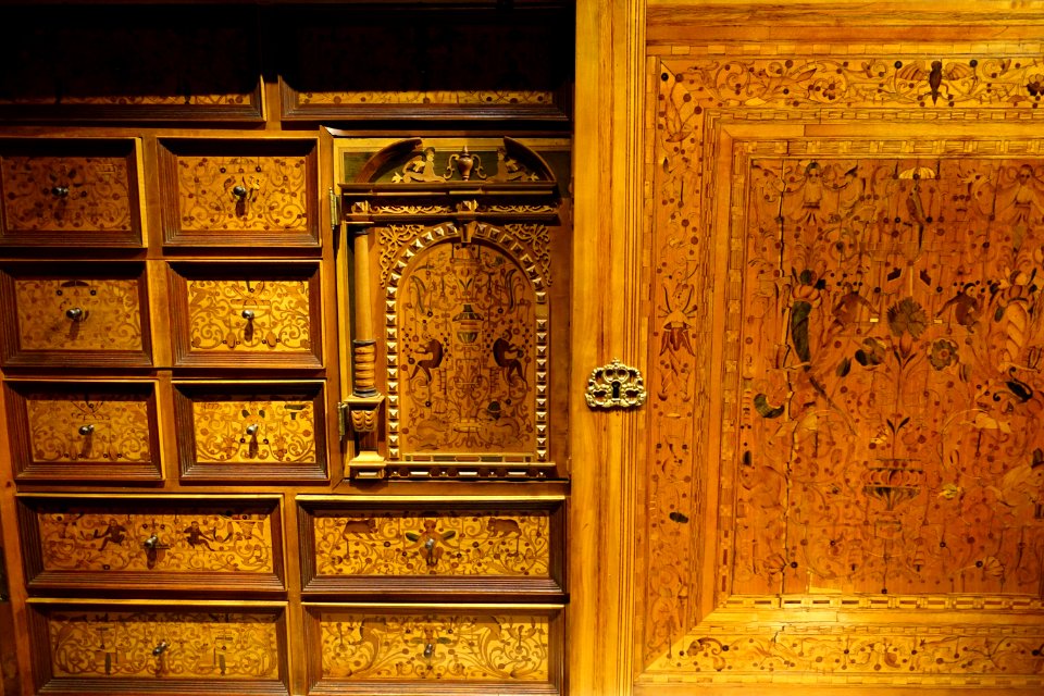 Cabinet, South Germany or Tyrol, 1600-1650, wood marquetry, view 1 - Nordiska museet - Stockholm, Sweden - DSC09864