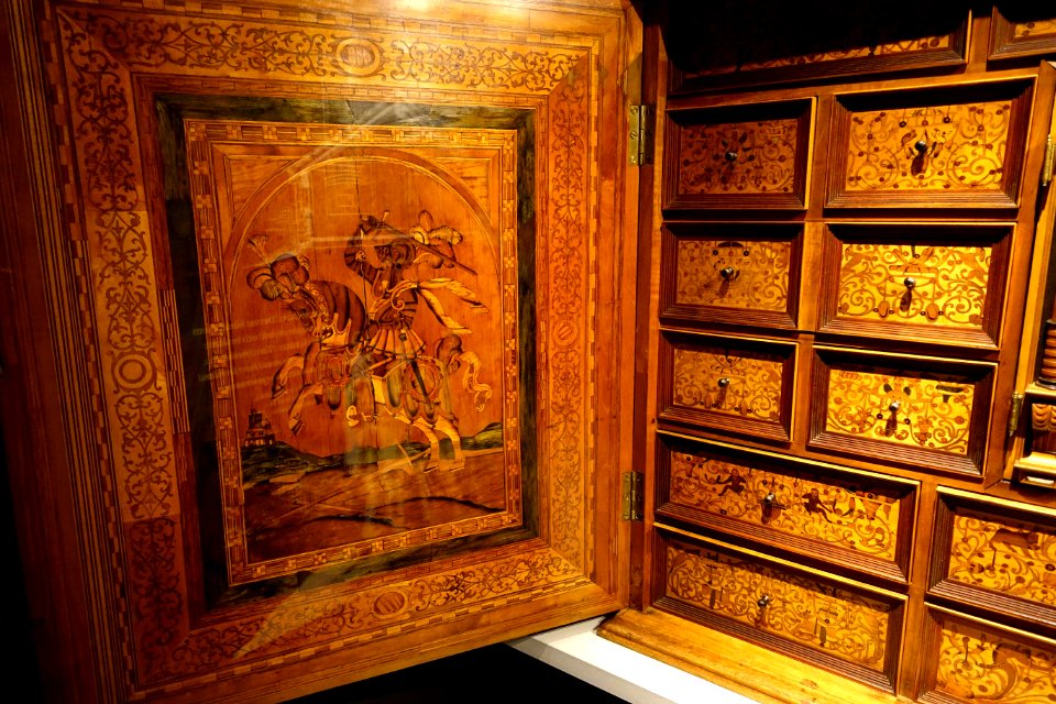 Cabinet, South Germany or Tyrol, 1600-1650, wood marquetry, view 2 - Nordiska museet - Stockholm, Sweden - DSC09866