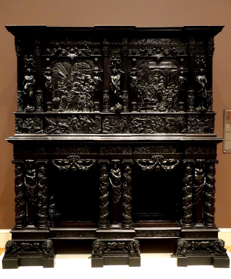 Cabinet, attributed to Pierre Gole, Paris, c. 1650, ebony, pine, interior applied with rosewood, tulipwood, oak, stained ivory, gilt bronze, mirror - California Palace of the Legion of Honor - DSC07720