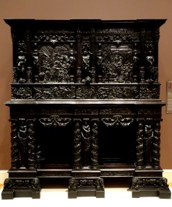 Cabinet, attributed to Pierre Gole, Paris, c. 1650, ebony, pine, interior applied with rosewood, tulipwood, oak, stained ivory, gilt bronze, mirror - California Palace of the Legion of Honor - DSC07720