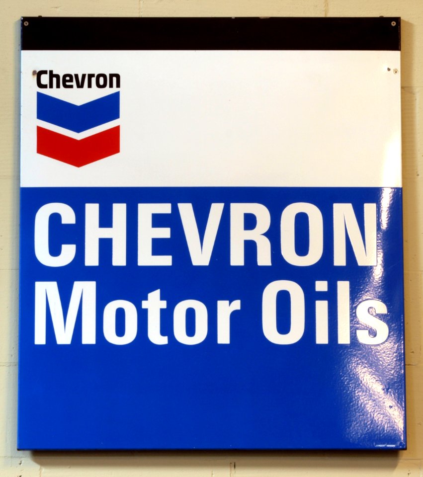 Chevron Motor Oils, Enamel advert sign at the den hartog ford museum pic-011