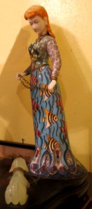Cloisonné and bisque woman with carved stone dog