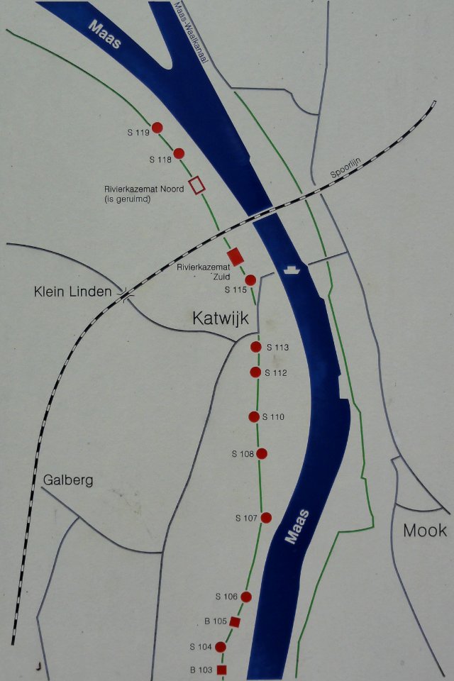 Cuijk, map on panel at Katwijk, position of casemates