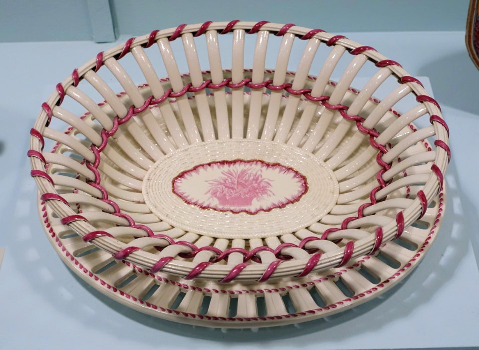 Creamware basket and stand, Herculaneum Pottery of Worthington, Humble, and Holland, Liverpool, England, c. 1796-1805, earthenware, lead-glaze, transfer-print, enamel - Krannert Art Museum, UIUC - DSC06593