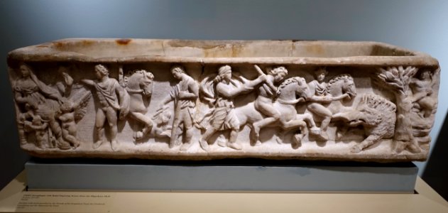 Child's sarcophagus with relief depicting scenes from the Hippolytus Myth, Roman, 210-220 AD, marble - Middlebury College Museum of Art - Middlebury, VT - DSC07926