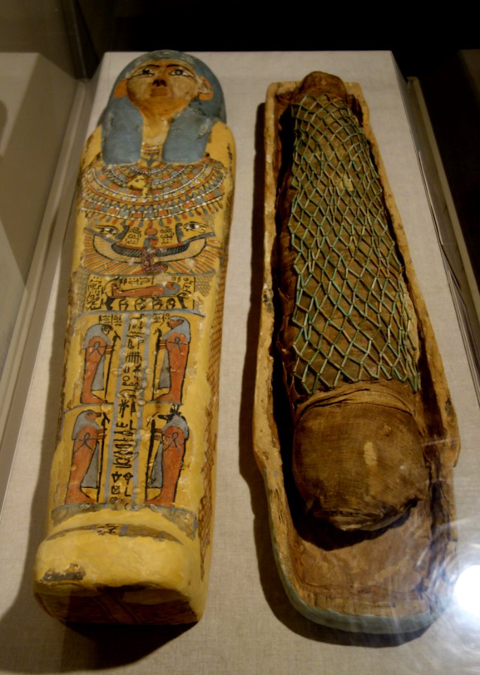 Child's Mummy and Sarcophagus, Egypt, 6th century BC, polychromed sycamore and fig wood, linen, faience beads - Fitchburg Art Museum - DSC08584