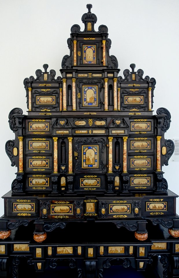 Cabinet-on-stand, Augsburg, c. 1660, softwood, oak, pearwood with black glazing, inlays of marble, lapis-lazuli, etc, marble columns, bronze - Germanisches Nationalmuseum - Nuremberg, Germany - DSC02522