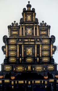 Cabinet-on-stand, Augsburg, c. 1660, softwood, oak, pearwood with black glazing, inlays of marble, lapis-lazuli, etc, marble columns, bronze - Germanisches Nationalmuseum - Nuremberg, Germany - DSC02522