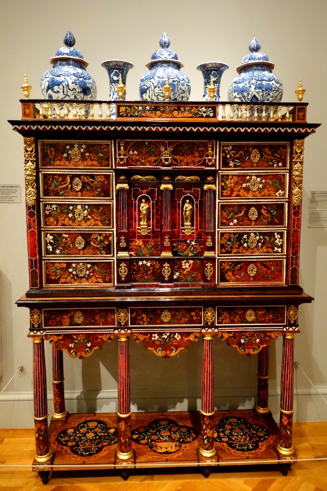 Cabinet on Stand, Pierre Gole, Paris, c. 1660, ebony, kingwood, tortoiseshell, ivory, various woods, gilt bronze, with vases, Arita, Japan, late 1600s, porcelain - California Palace of the Legion of Honor - DSC07727