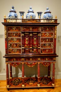 Cabinet on Stand, Pierre Gole, Paris, c. 1660, ebony, kingwood, tortoiseshell, ivory, various woods, gilt bronze, with vases, Arita, Japan, late 1600s, porcelain - California Palace of the Legion of Honor - DSC07727