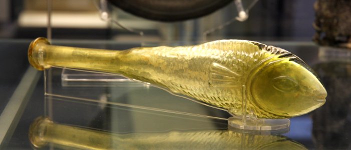 British Museum Roman Empire 18022019 Mould-blown glass bottle Fish 5836 photo