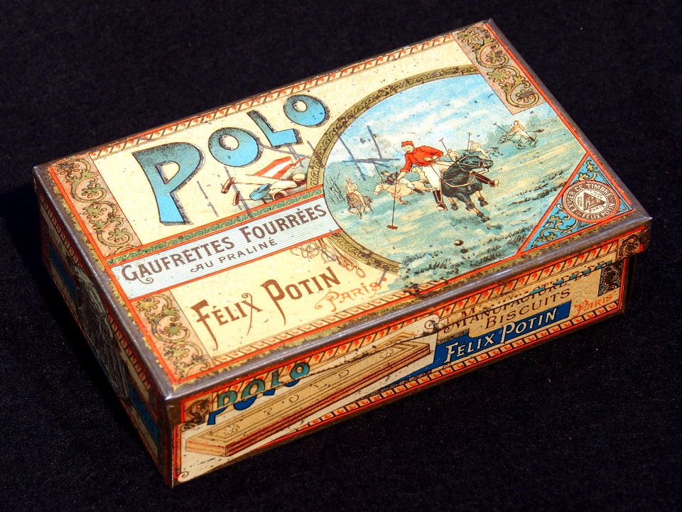 Boîte métallique Polo Félix Potin, gaufrettes Fourrées au praliné - manufacture de biscuits, photo 2