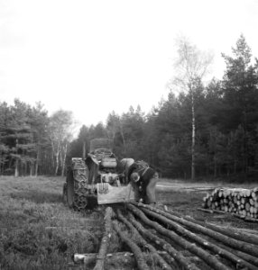 Bosbewerking, landbouwmachines, werktuigen, arbeiders, boomstammen, sleepwerkzaa, Bestanddeelnr 253-5977