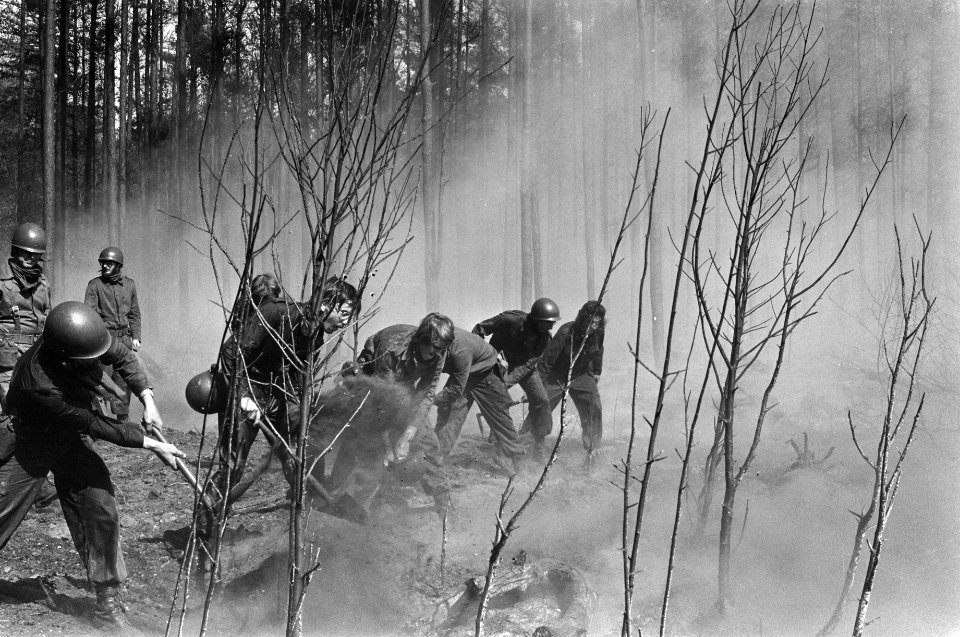 Bosbrand bij Arnhem, militairen tijdens het blussen, Bestanddeelnr 928-6813