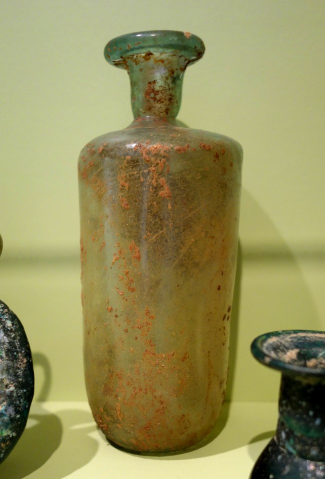 Bottle, attributed to southern Syria, 200-300 AD, free-blown glass, waisted neck, rolled and flared rim - Huntington Museum of Art - DSC04833