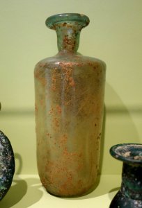 Bottle, attributed to southern Syria, 200-300 AD, free-blown glass, waisted neck, rolled and flared rim - Huntington Museum of Art - DSC04833