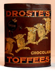 Bruine ovaal cylindervormig Droste chocolade tofees blik, foto2