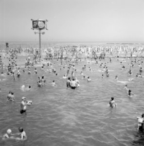 Zwemmende en spelende badgasten in het water van een openlucht zwembad, Bestanddeelnr 255-1952