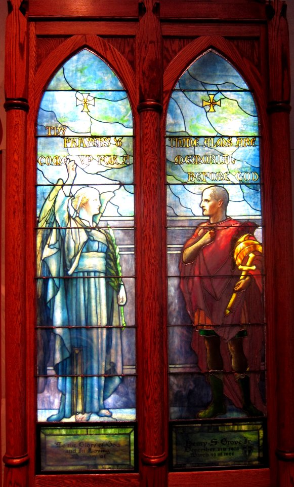 'Saint Cornelius and Angel', stained glass lancet windows by Tiffany Studios, c. 1910