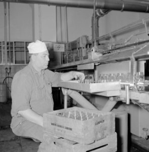 Zuivelfabriek Tnuva Medewerker bij een vulmachine voor melkflessen, Bestanddeelnr 255-4441