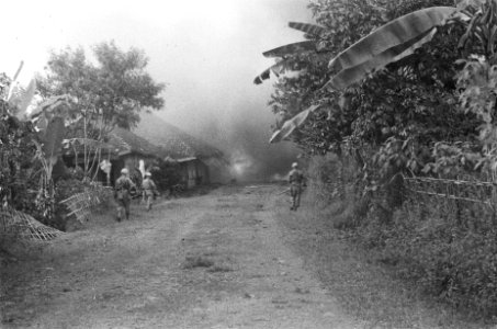 Zuiveringsacties. Een patrouille in een brandende kampong, Bestanddeelnr 496-2-5