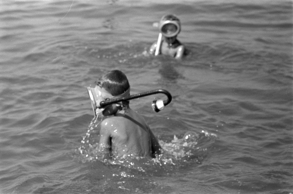 Zwemmen langs het Noordzeestrand met snorkel en zwemvliezen, Bestanddeelnr 910-6177