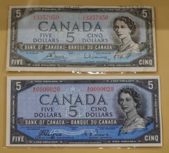 5 Dollars, Bank of Canada, 1954, with counterfeit - Bank of Montréal Museum - Bank of Montreal, Main Montreal Branch - 119, rue Saint-Jacques, Montreal, Quebec, Canada - DSC08450 photo