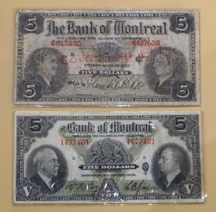 5 Dollars, Bank of Montreal, 1935, with counterfeit - Bank of Montréal Museum - Bank of Montreal, Main Montreal Branch - 119, rue Saint-Jacques, Montreal, Quebec, Canada - DSC08446 photo