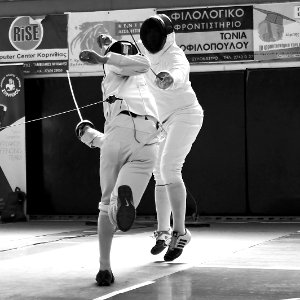 2nd Leonidas Pirgos Fencing Tournament. The fencer Stelios Foustanakis has just scored a touch with a flèche