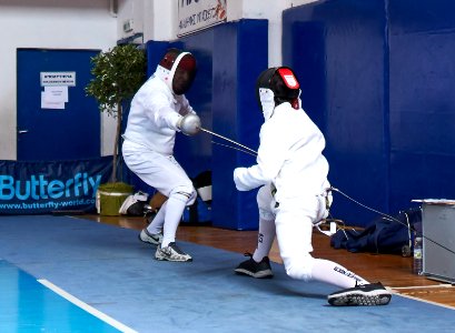 2nd Leonidas Pirgos Fencing Tournament. The fencer Panos Vafeas performs a counter-attack and scores a touch