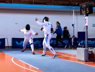 2nd Leonidas Pirgos Fencing Tournament. The fencers Nikoletta Chatzisarantou and Irini Mavrikiou